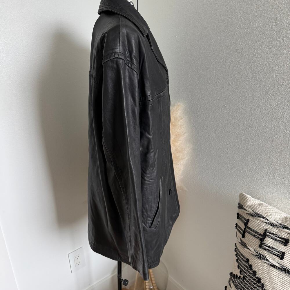 Vintage London Fog Black Leather Jacket Size Small Button Front Collared Coat - Picture 2 of 11